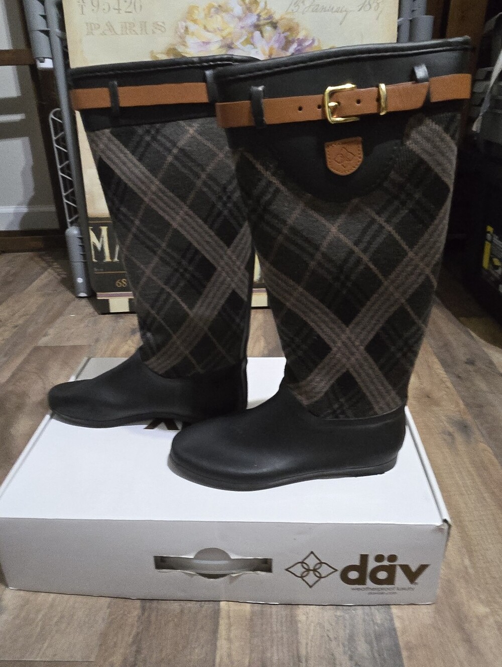Däv Plaid Tall Rain Boots in Brown and Black